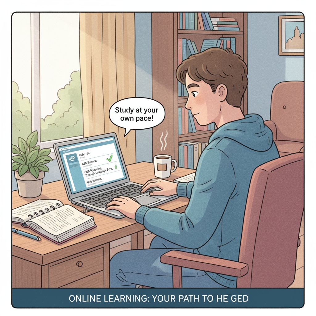 A student is sitting at a desk, studying GED courses on a laptop at home, showing the convenience of online learning. A student studying GED online courses at home