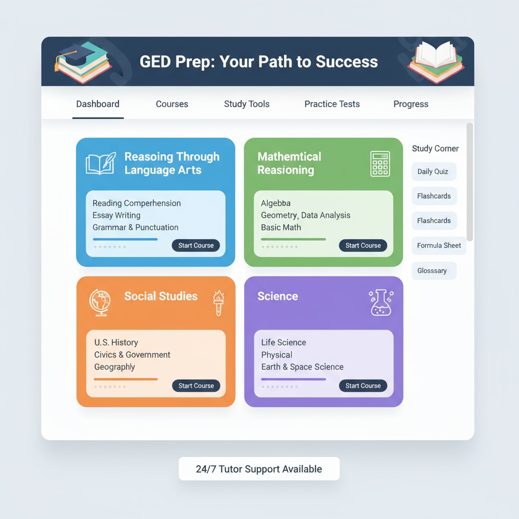 A screenshot of an online GED course content page, displaying various subjects and study materials available. Screenshot of an online GED course content page