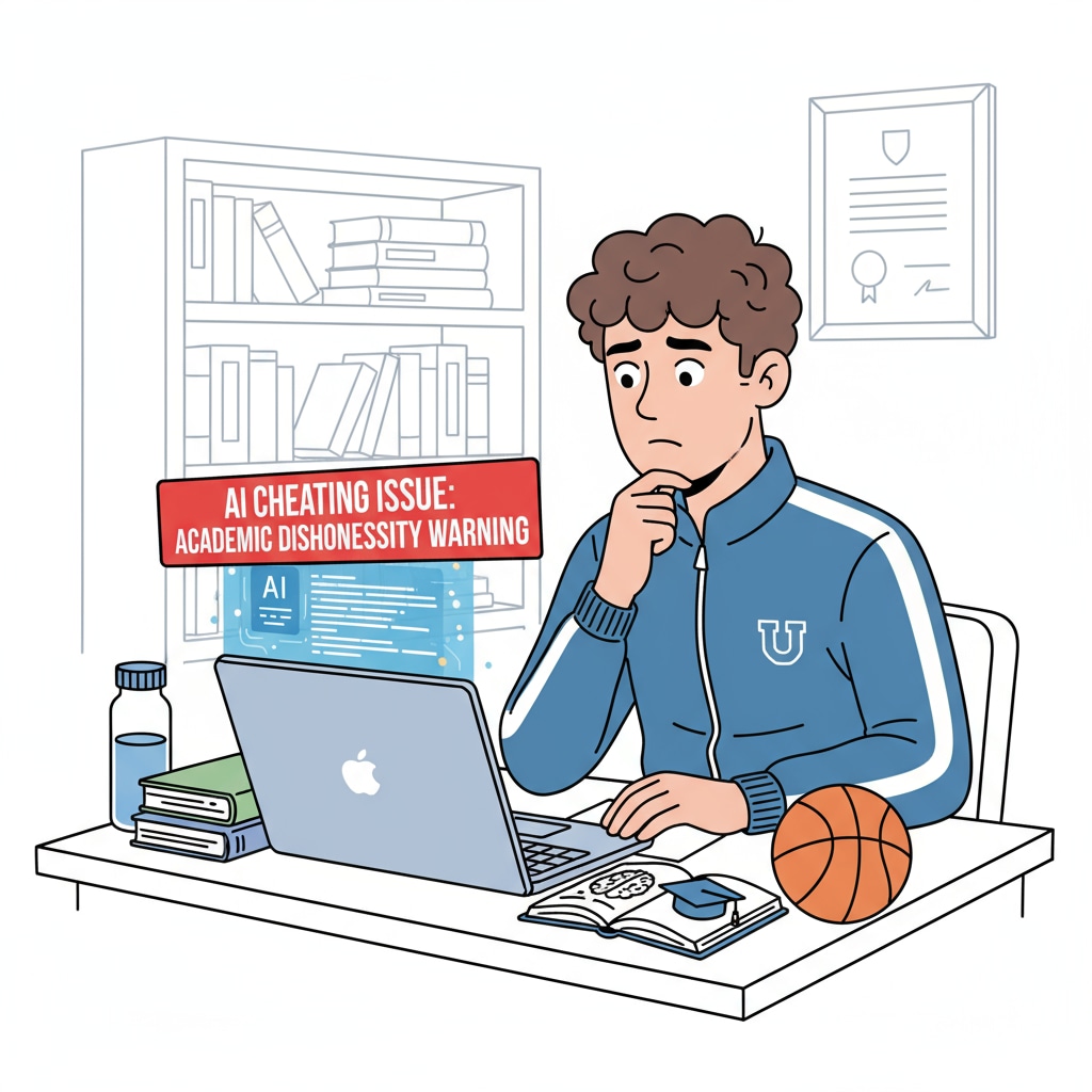 Student athlete and AI writing interface highlighting AI cheating in sports teams