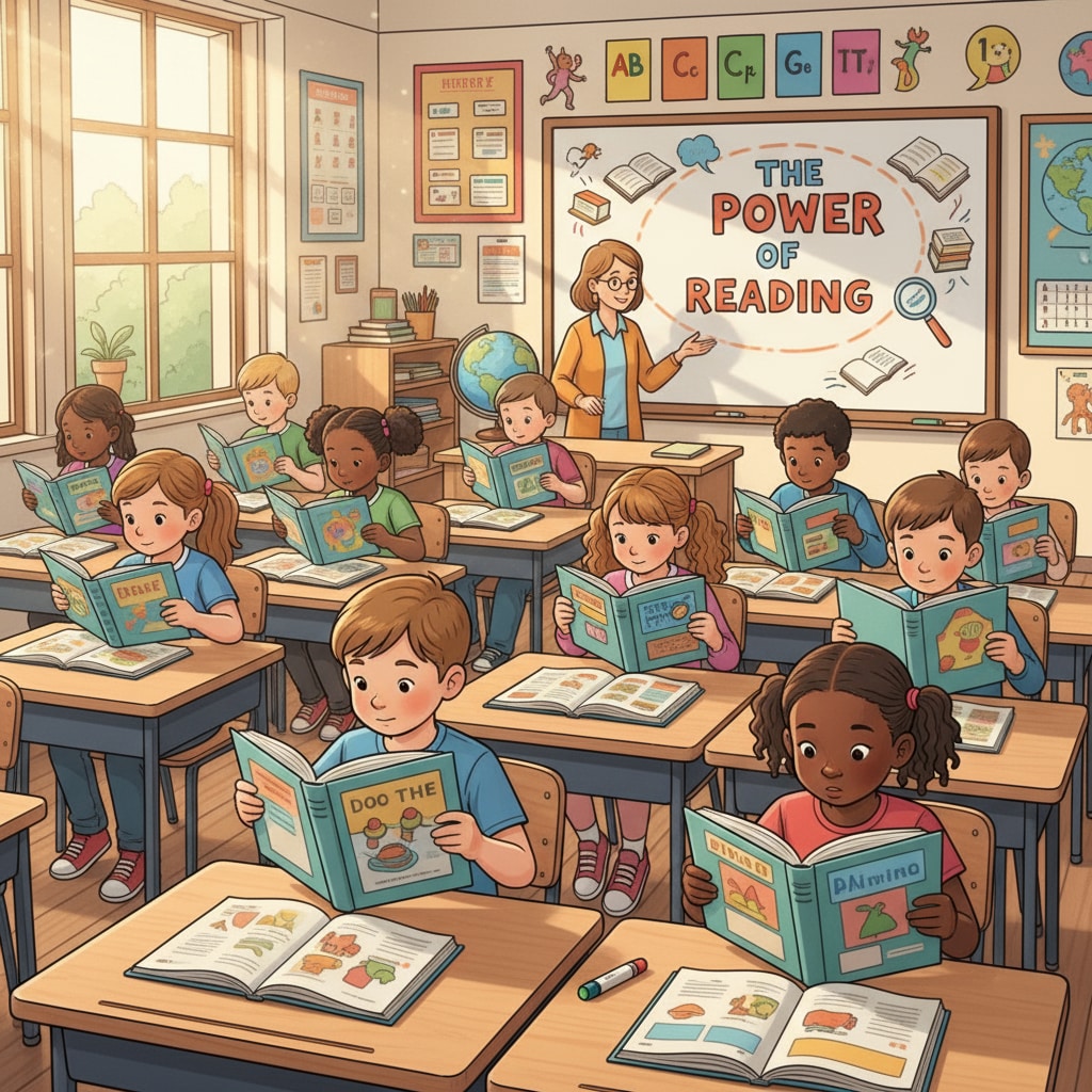 A group of children are sitting at desks in a classroom, engrossed in reading books, showing the importance of reading instruction in an educational setting. Children engaged in reading in a classroom related to education and reading instruction as explored in the 'Sold a Story' podcast