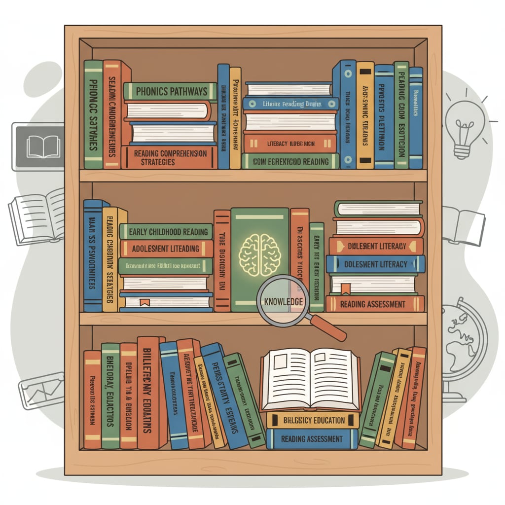 A bookshelf filled with various educational books on reading instruction, symbolizing the wealth of knowledge available in this field, as discussed in the podcast. Bookshelf of reading instruction books relevant to the education and reading topics of the 'Sold a Story' podcast