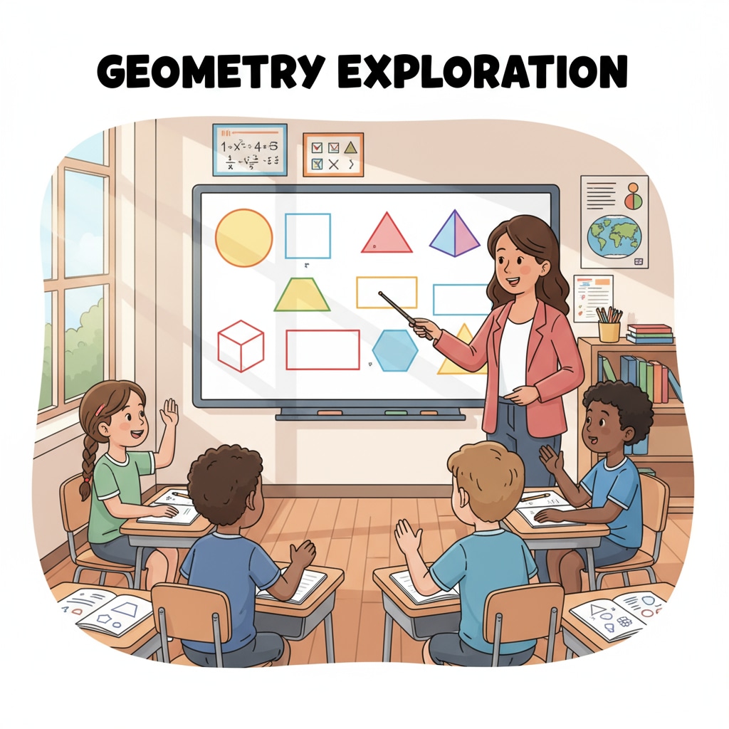 A classroom scene where students are engaged in a discussion about geometric shapes. The teacher is pointing at a board with various shapes drawn on it. Classroom scene related to high school geometry in the US education system with teaching resources on display