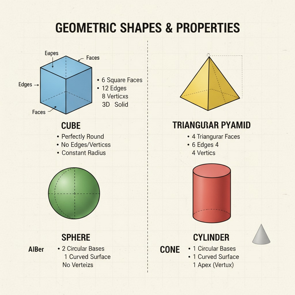 A textbook page with detailed illustrations of geometric shapes and their properties. There are labels and explanations next to each shape. Textbook page showing geometric shapes and properties as a teaching resource in US high school geometry