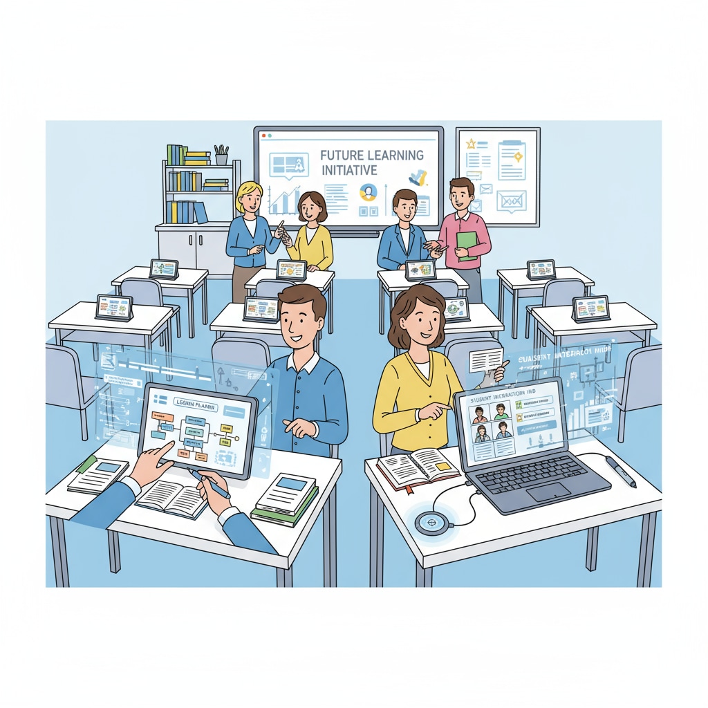 Teachers are using AI tools such as tablets and software on their desks in the classroom to plan lessons and interact with students. Teachers using AI education tools for time management and teaching assistance in the classroom
