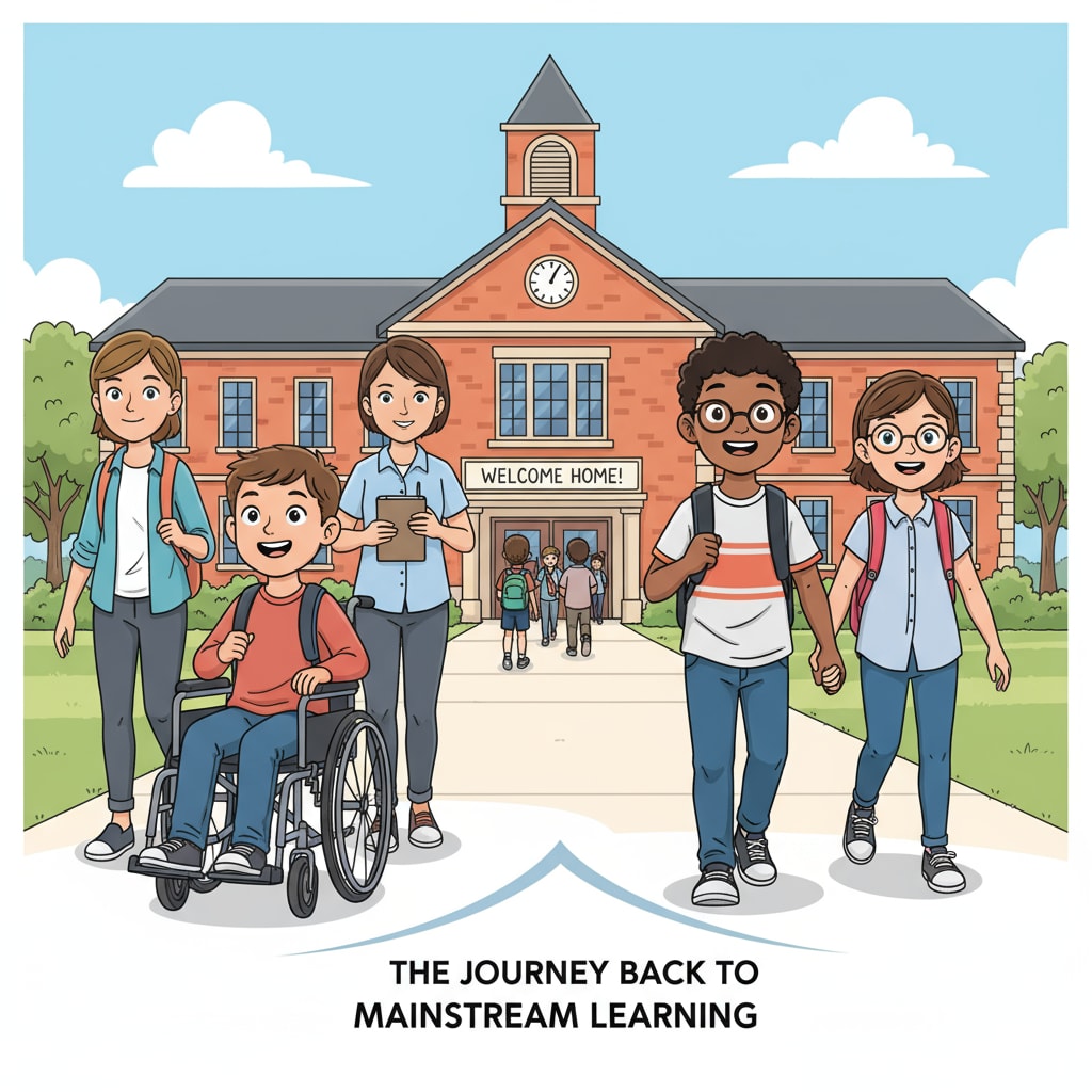 A group of special education students are seen walking towards a regular school building, looking hopeful. This represents their journey of attempting to re-enter the regular school system. Special education students on their way to enroll in a regular school