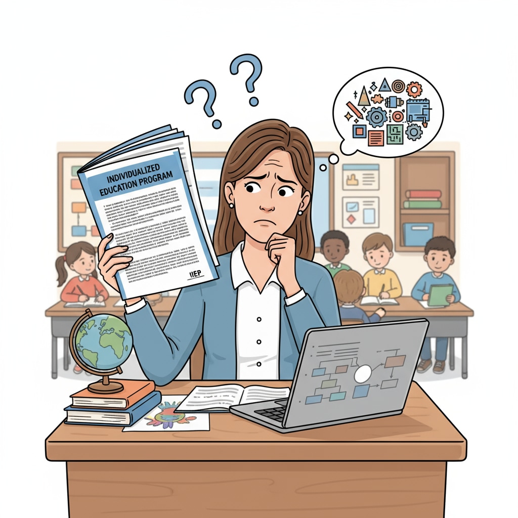 A teacher is sitting at a desk, reading an IEP document with a confused look on her face, symbolizing the challenges in understanding and implementing IEP in regular schools. Teacher struggling to understand an IEP document for special education student enrollment