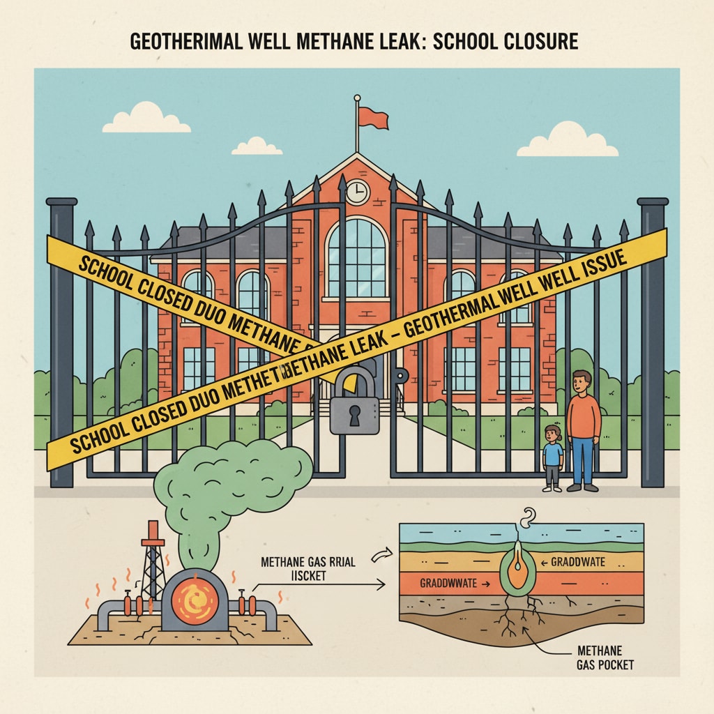 A view of the closed school gates due to methane leak from geothermal well Closed school gates because of methane leak from geothermal well