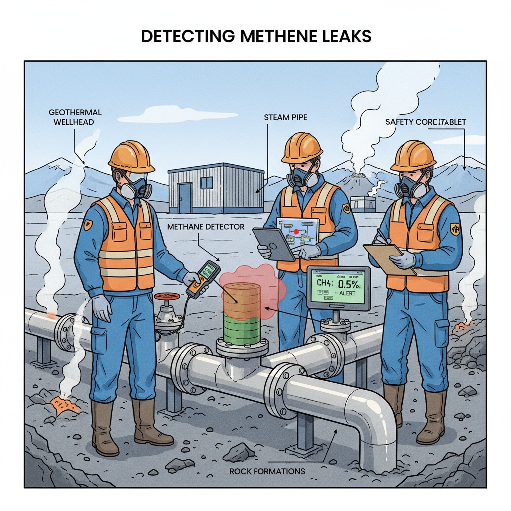 An image showing workers checking for methane leak near a geothermal well Workers checking for methane leak near a geothermal well