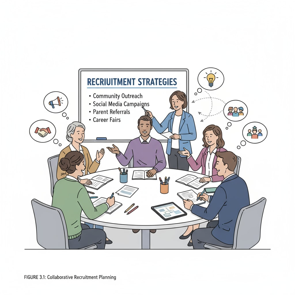Charter school teachers discussing recruitment strategies to relieve work pressure