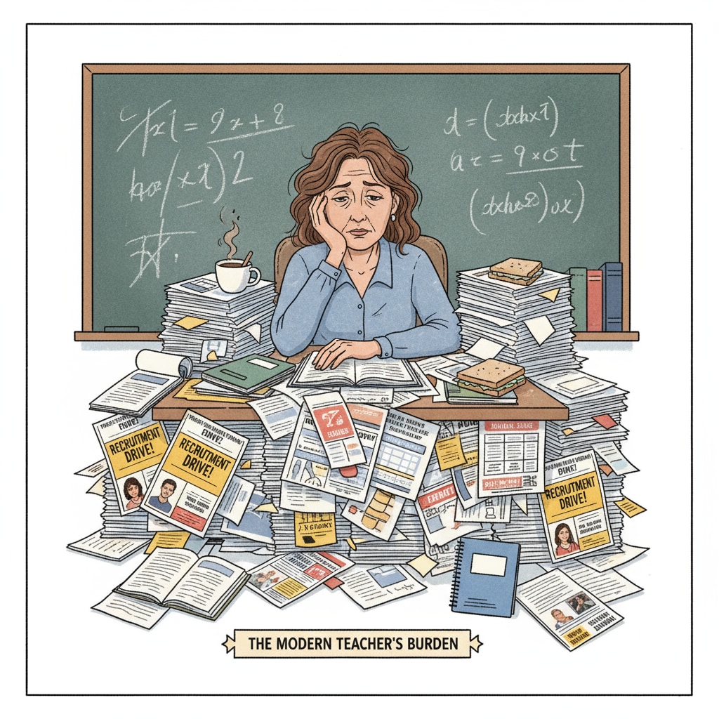 A stressed charter school teacher handling recruitment and teaching tasks