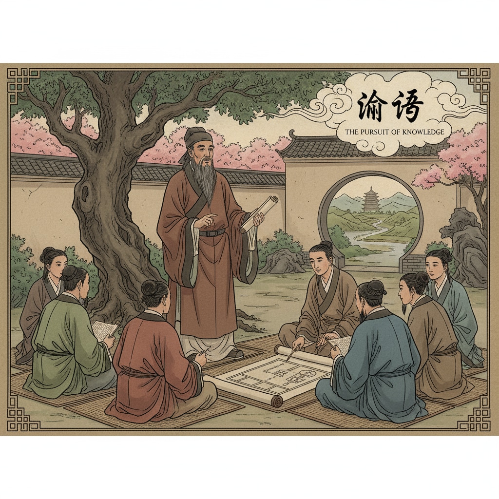 This image depicts Confucius, the renowned ancient Chinese philosopher, engaged in teaching his disciples. It vividly showcases the educational spirit of ancient China, where the pursuit of knowledge was highly emphasized. Ancient Chinese philosopher Confucius teaching his disciples, representing the connection between ancient wisdom and the pillar of