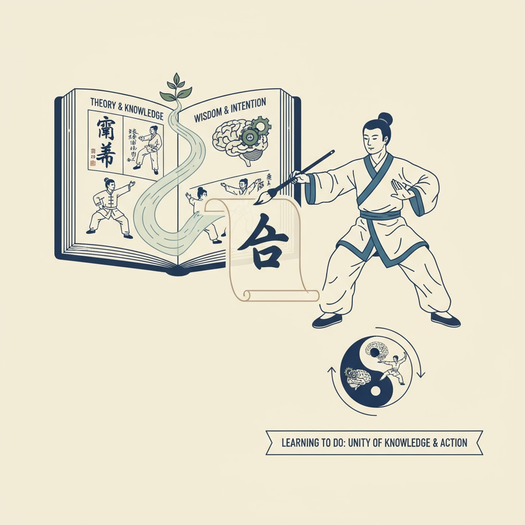 A person is shown practicing a traditional Chinese art, such as calligraphy or tai chi. This image exemplifies the concept of integrating theory and practice, which is in line with the pillar of A person practicing a traditional Chinese art, highlighting the link between ancient wisdom and the pillar of