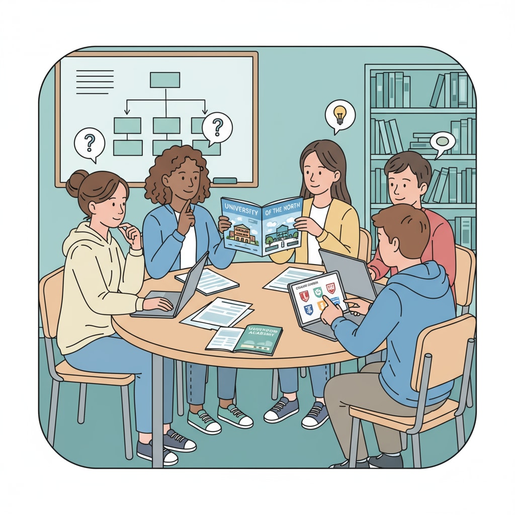 A group of students are sitting around a table, discussing different school options they have. Some are holding brochures of various schools. Students discussing school choice options related to sports resources and education funding
