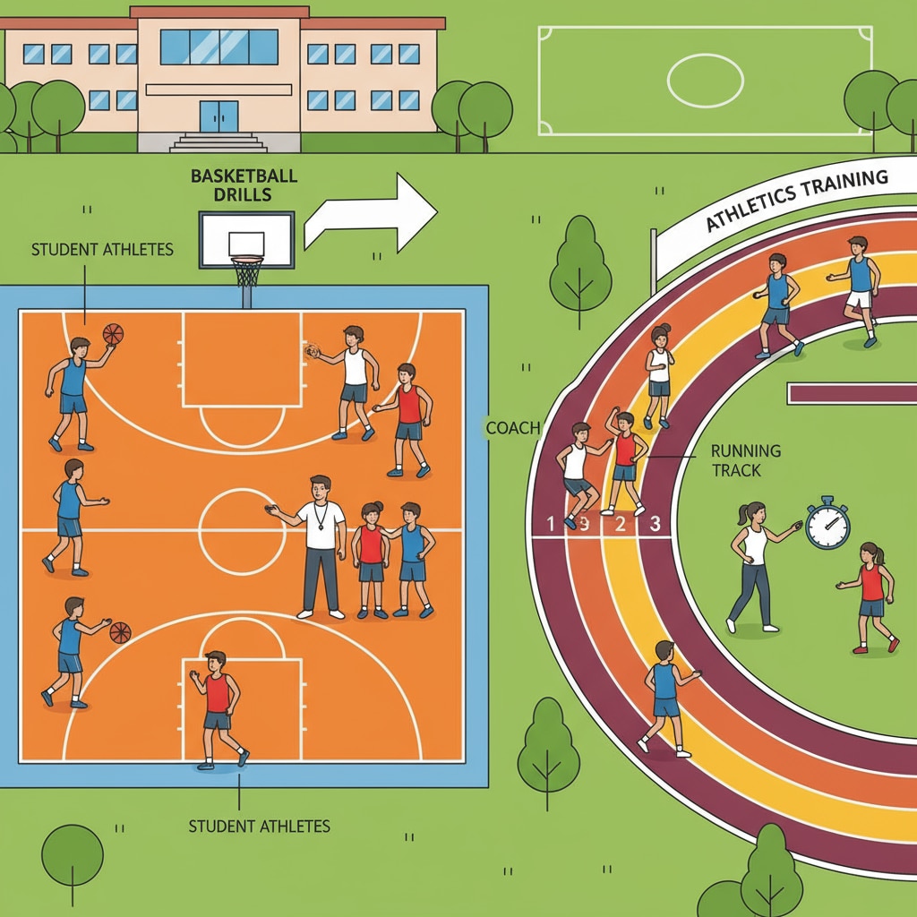 Students are actively using sports facilities such as basketball courts and running tracks in a school. There are coaches guiding them. Students using sports facilities relevant to school choice, sports resources, and education funding