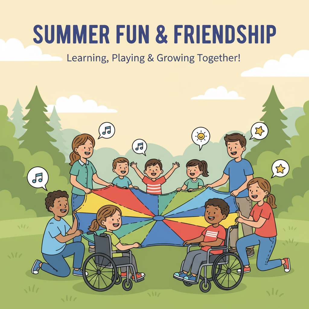 Special education students are having a great time in a summer camp activity, with counselors facilitating and ensuring everyone's participation and enjoyment. Special education students in a summer camp job scenario