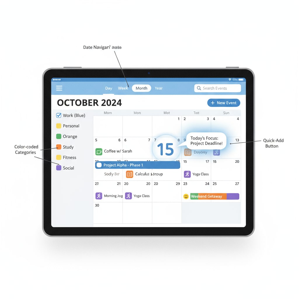 A free calendar app interface with scheduling and organization features similar to alternatives of Google Calendar