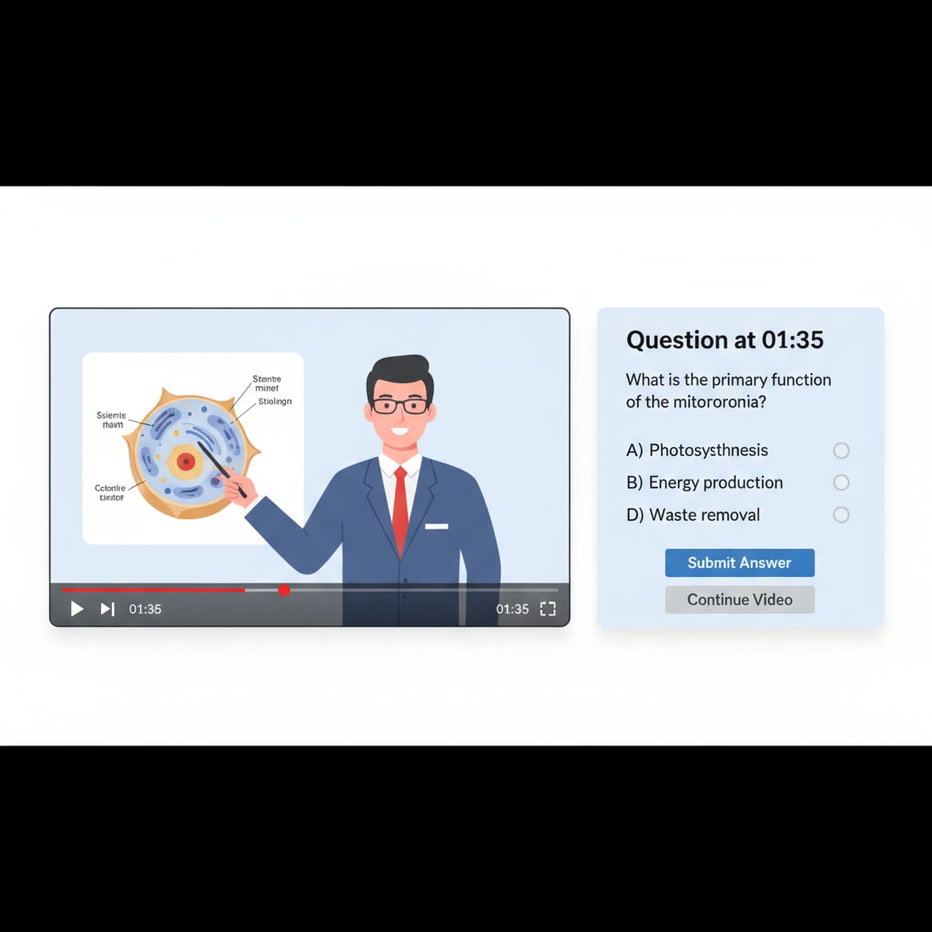 A visual representation of the interface of the video pause questioning tool, showing the video player and the question box. Video pause questioning tool interface for enhancing attention in video learning