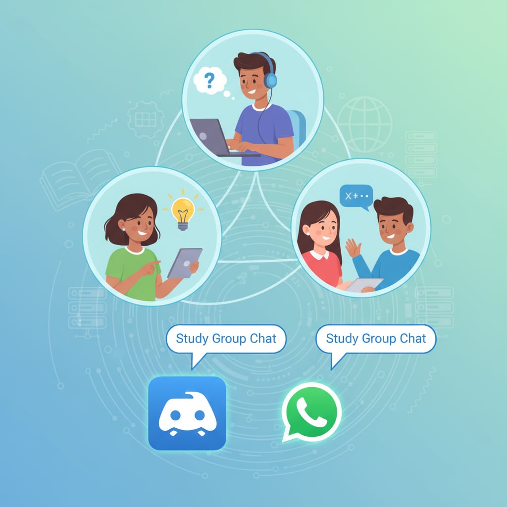 A visual representation of students collaborating in an online environment, with Discord and WhatsApp icons visible, symbolizing the platforms used for learning communities. Students collaborating in an online learning community using Discord and WhatsApp