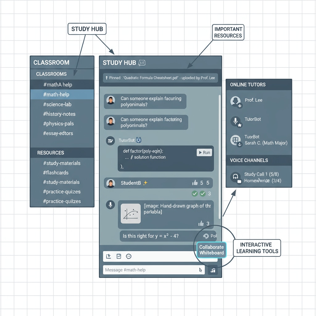 A screenshot of a Discord server interface where students are engaged in discussions related to their studies, highlighting the features available for learning. Screenshot of a Discord server for K12 learning