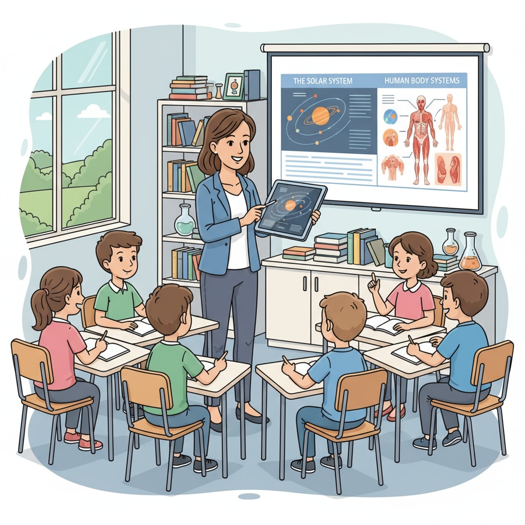 A teacher is using a digital tablet to present educational content to students in a classroom. Teacher using digital device for teaching in a Swedish classroom