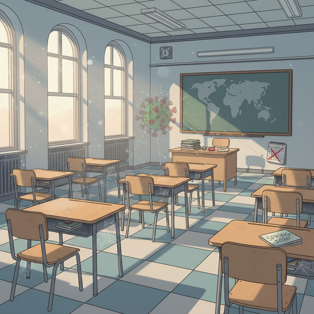 An empty classroom with desks and chairs, representing the disruption of in-person learning during the pandemic. Empty classroom during the pandemic showing the impact on high school students' math scores and reading abilities