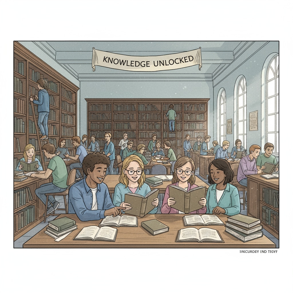High school students sitting in a library, browsing and reading books, depicting a pre-pandemic learning environment. High school students reading books in a library before the pandemic, highlighting the contrast to the pandemic's impact on reading abilities