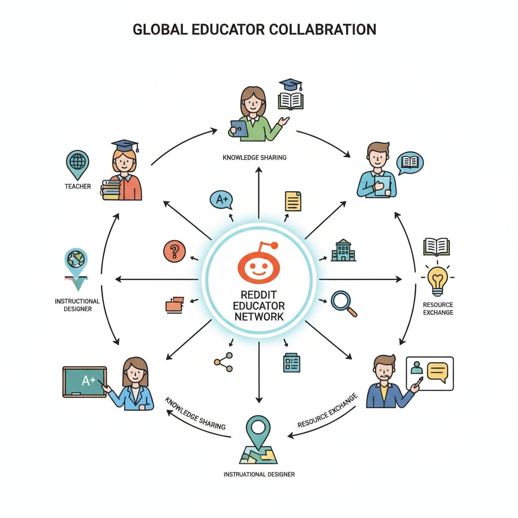 A visual representation using arrows and icons to show educators from different locations connecting with each other on Reddit, sharing knowledge and resources. Visual of educators connecting on Reddit as part of educational networks related to community rules, educational networks, and subreddits