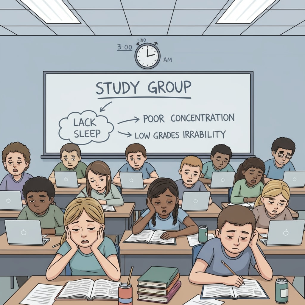 A group of K12 students looking tired while studying in a classroom, highlighting the impact of sleep deprivation on students in a school setting. K12 students experiencing sleep deprivation and school stress in a classroom