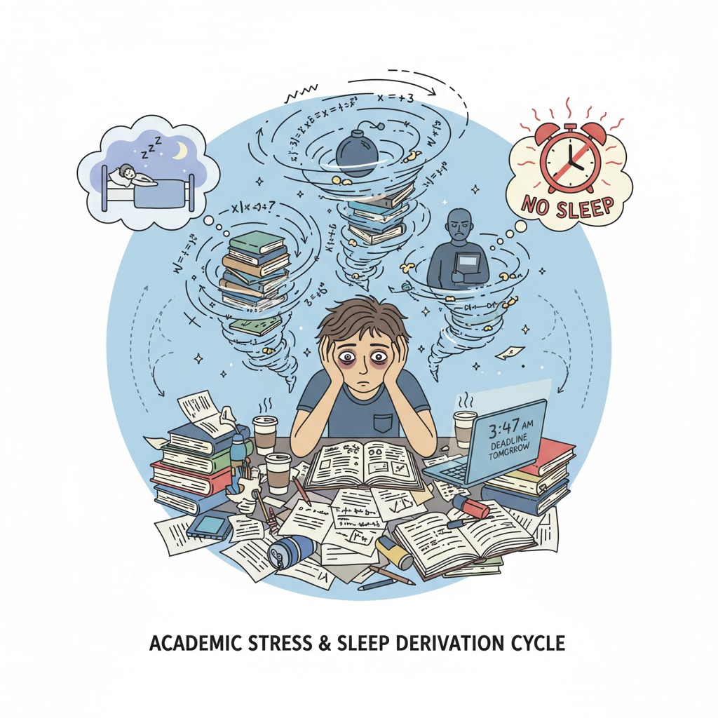 A student sitting at a desk, surrounded by books and papers, looking stressed, depicting the relationship between school stress and sleep deprivation. A stressed K12 student surrounded by schoolwork, showing the connection to sleep deprivation and mental health