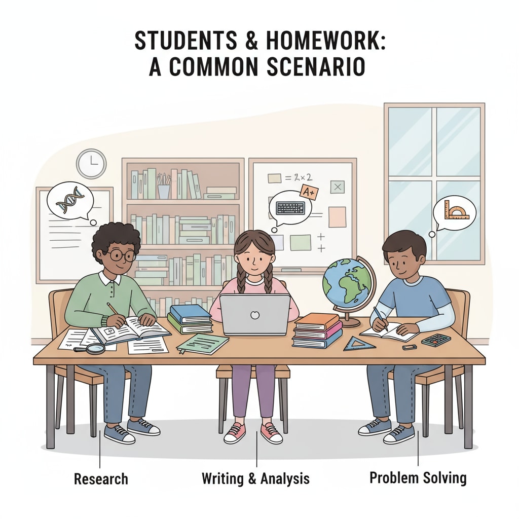 A scene of students doing homework at a table, which shows the common situation of students dealing with homework. Students doing homework, representing the homework, students, debate situation in K12 education.