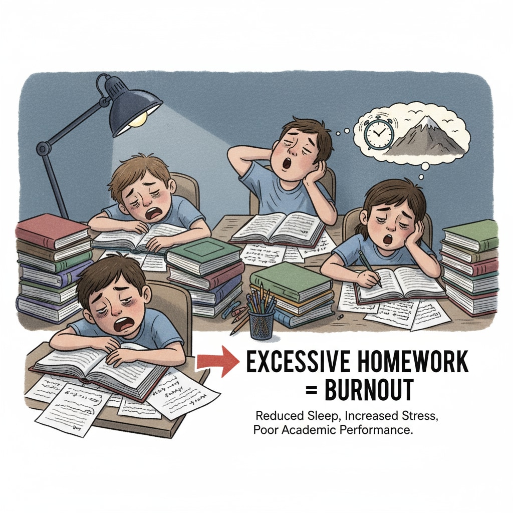 A picture of students looking exhausted while doing homework, highlighting the negative impact of excessive homework. Tired students doing homework, related to the homework, students, debate in K12 education.