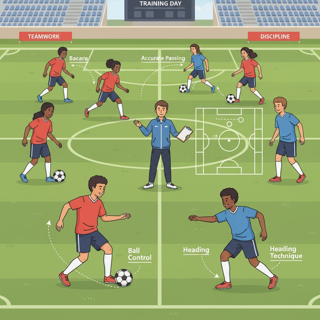 A group of football players are engaged in intense training on a well-maintained football field, showing their skills and dedication to the sport. Football recruits training hard to meet college admission requirements