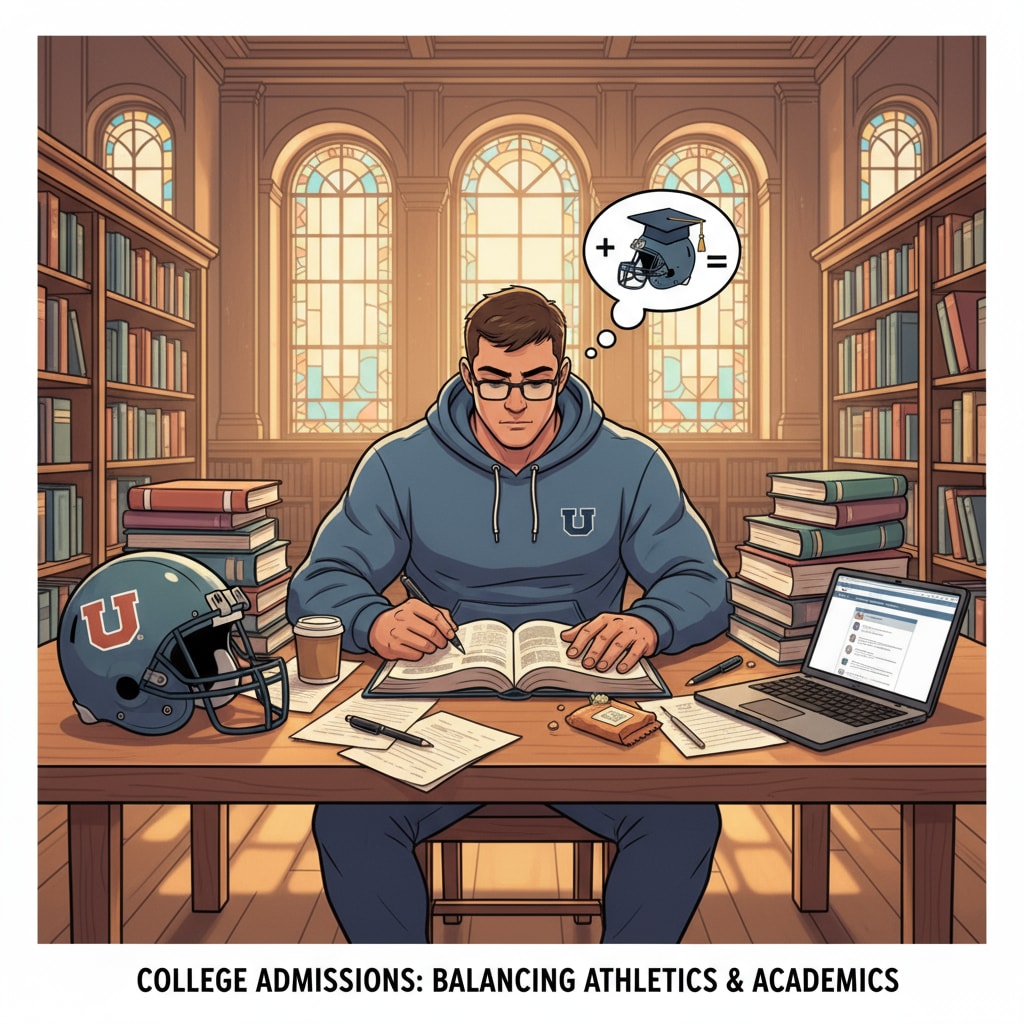 A young football recruit is sitting at a table in the library, surrounded by books and study materials, emphasizing the importance of academic focus in the college admission process. Football recruit studying to meet academic standards for college admission