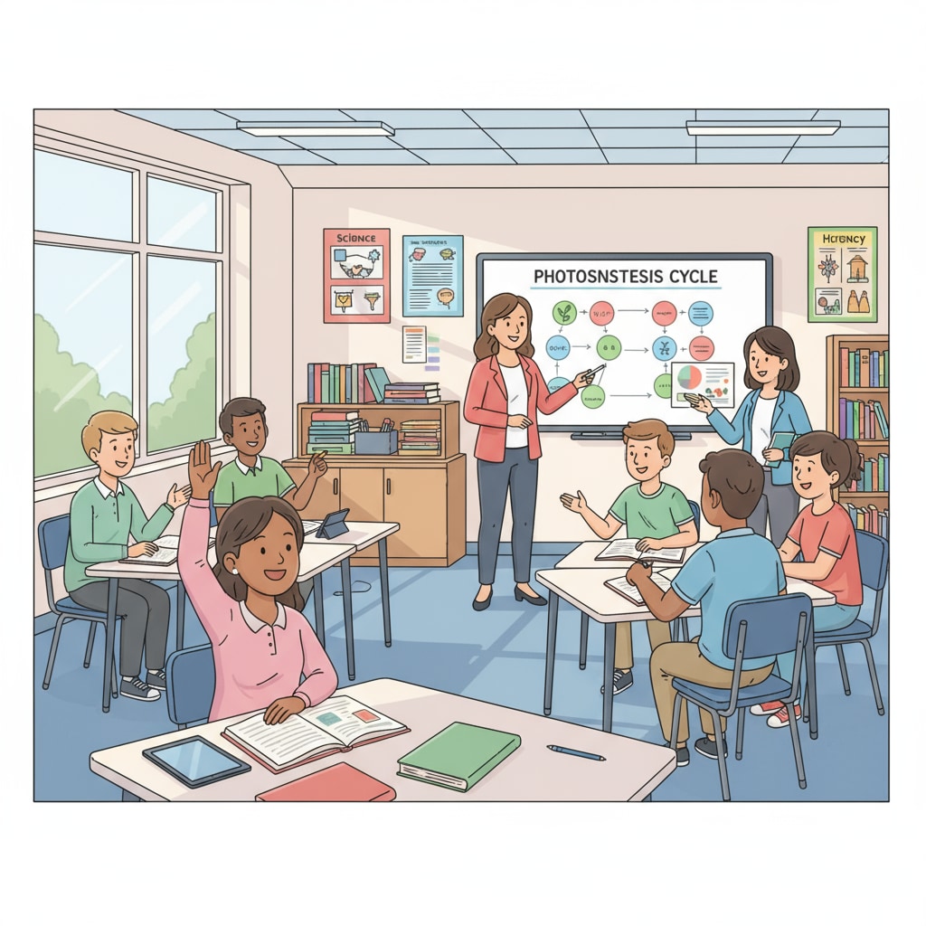 A classroom scene where students are attentively listening to the teacher and participating in discussions, showing an active learning environment. Classroom scene related to child tax credit, academic performance, and parental responsibility