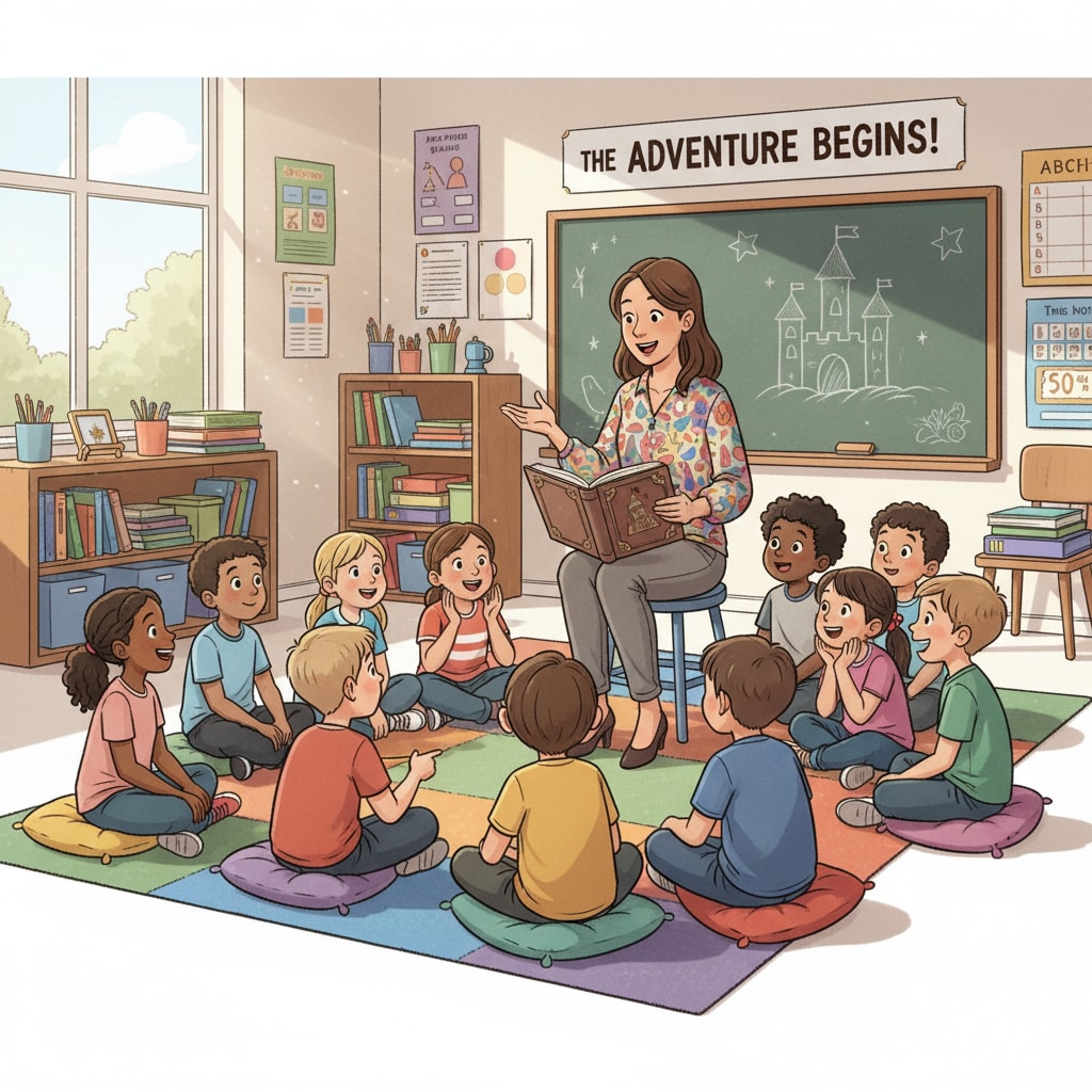A classroom scene where a teacher is telling a story to engaged K12 students A teacher telling a story to engaged K12 students for identity and personal transformation