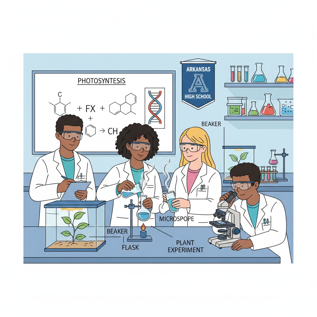 Students in an Arkansas high school conducting a science experiment, representing the practical learning aspect in Arkansas education. Students in Arkansas high school doing experiment for Arkansas education and educational evaluation
