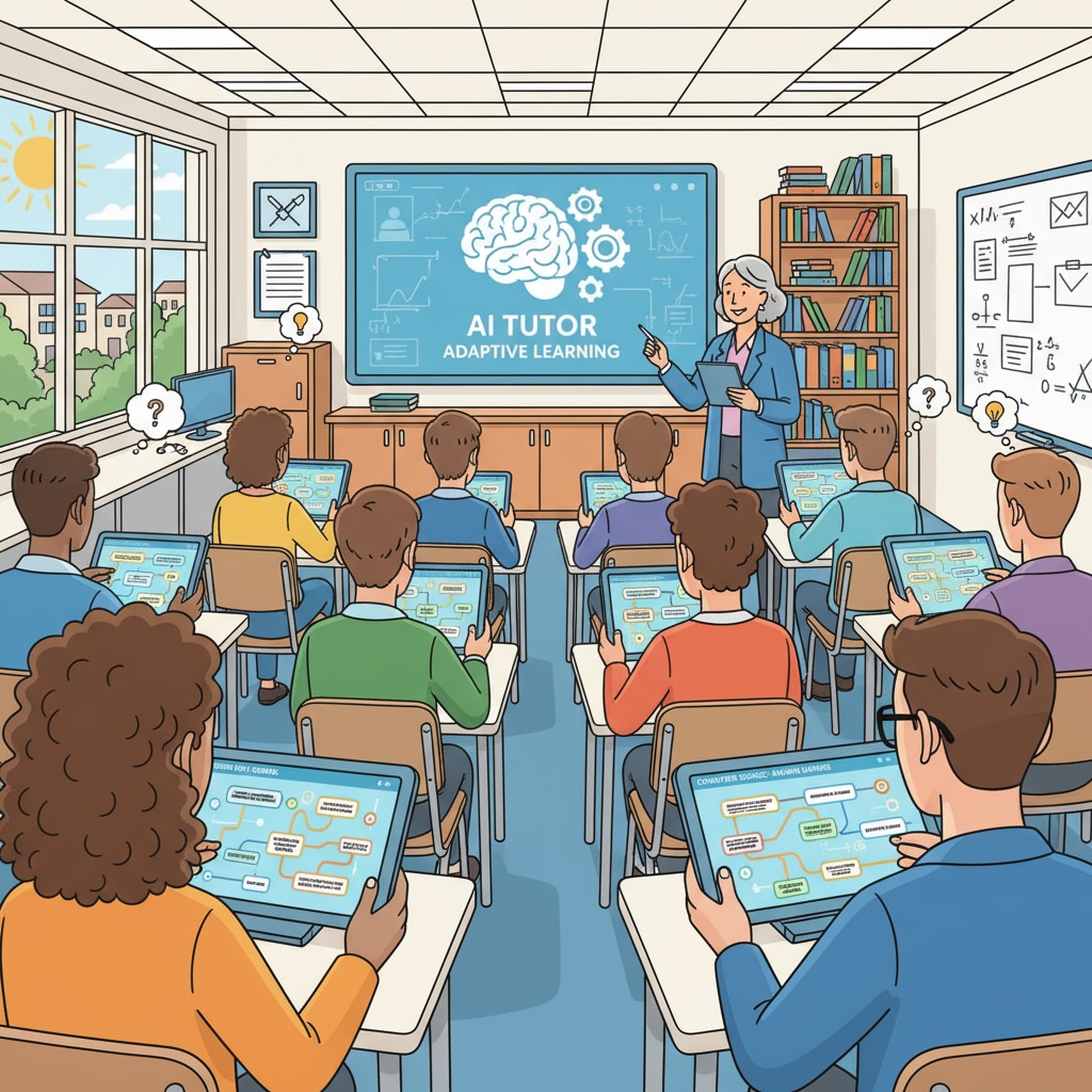 A scene in a university classroom where students are using tablets with AI - based educational software. The software is providing personalized learning paths for each student. Artificial intelligence in higher education classroom for personalized learning