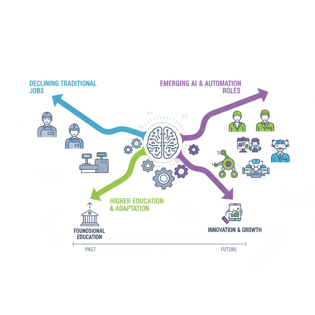 A visual representation of how job roles are changing due to AI and automation. It shows traditional jobs declining and new AI - related jobs emerging in the context of higher education's influence on employment. Impact of artificial intelligence and employment automation on higher education job prospects
