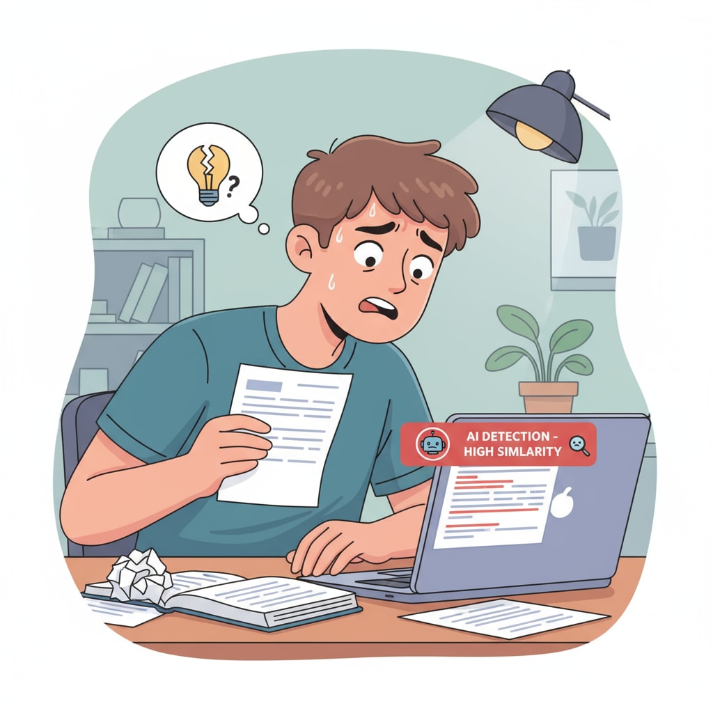 A student is shown looking anxious while holding a college application form. There is an alert on the computer screen indicating AI detection, highlighting the stress students face when their personal statements are wrongly flagged. A worried student with a college application form and an AI detection alert