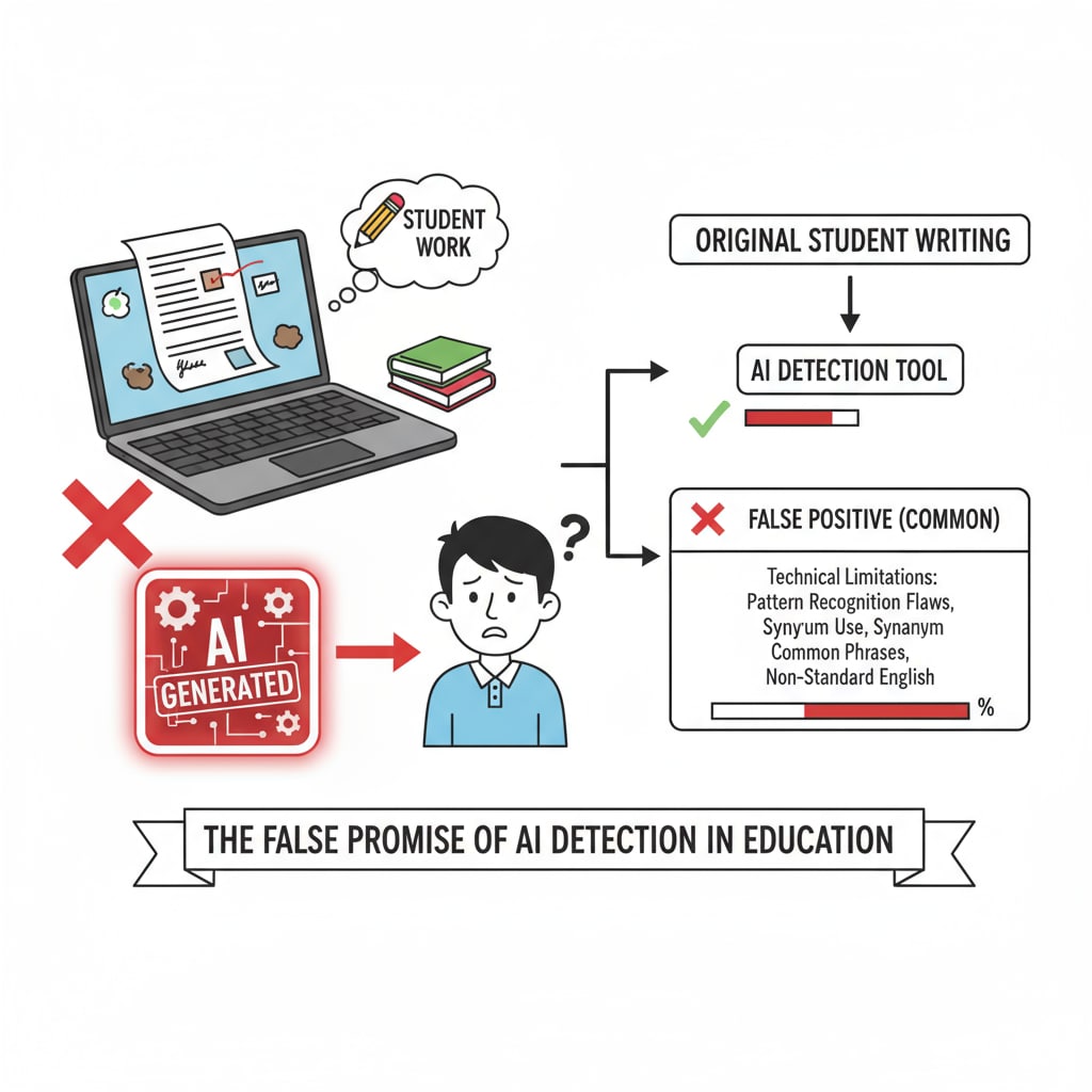 A graph displays the inaccuracies of AI detection tools in educational settings. It shows how these tools can misclassify student-written work as AI-generated, emphasizing the technical limitations. Graph showing inaccuracies of AI detection tools in education