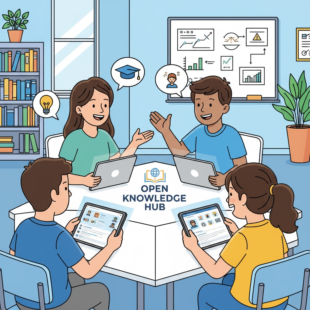 A group of students are using tablets to access an uncensored social media learning platform. They are smiling and seem engaged in the learning process. Students using uncensored social media learning platforms for K12 education