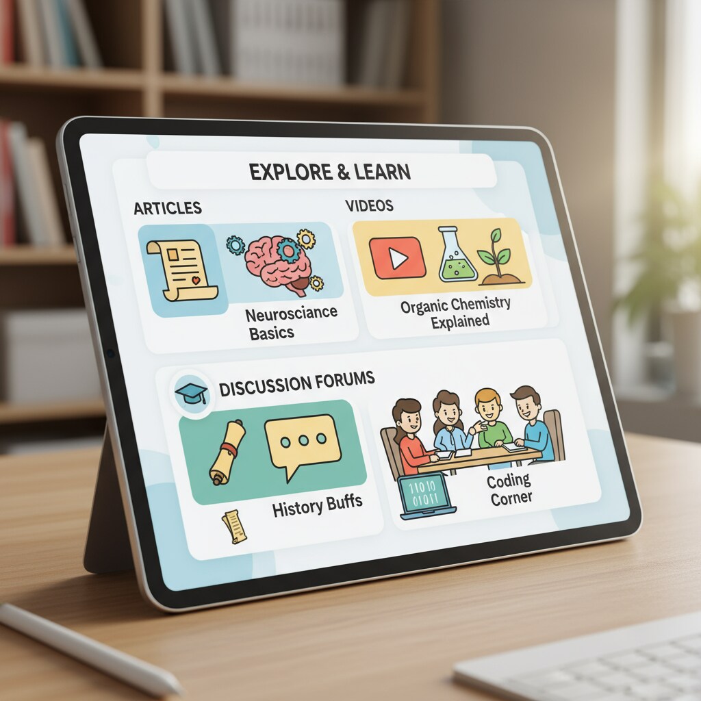 A close-up view of a tablet screen showing an uncensored social media learning platform interface. Educational content such as articles, videos, and discussion forums is visible. Interface of an uncensored social media learning platform for K12 students