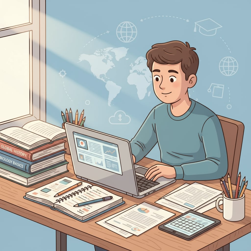 A student sitting at a desk, studying on a laptop with various study materials scattered around, representing the flexibility of online learning A student engaged in online degree study, highlighting the flexibility aspect related to self-motivation and social isolation