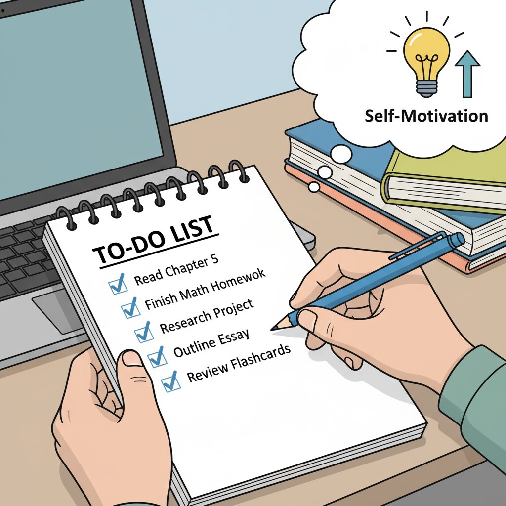 A close-up of a student writing a to-do list and checking off completed tasks, symbolizing self-motivation A student working on self-motivation tasks in the context of online degree study, related to social isolation