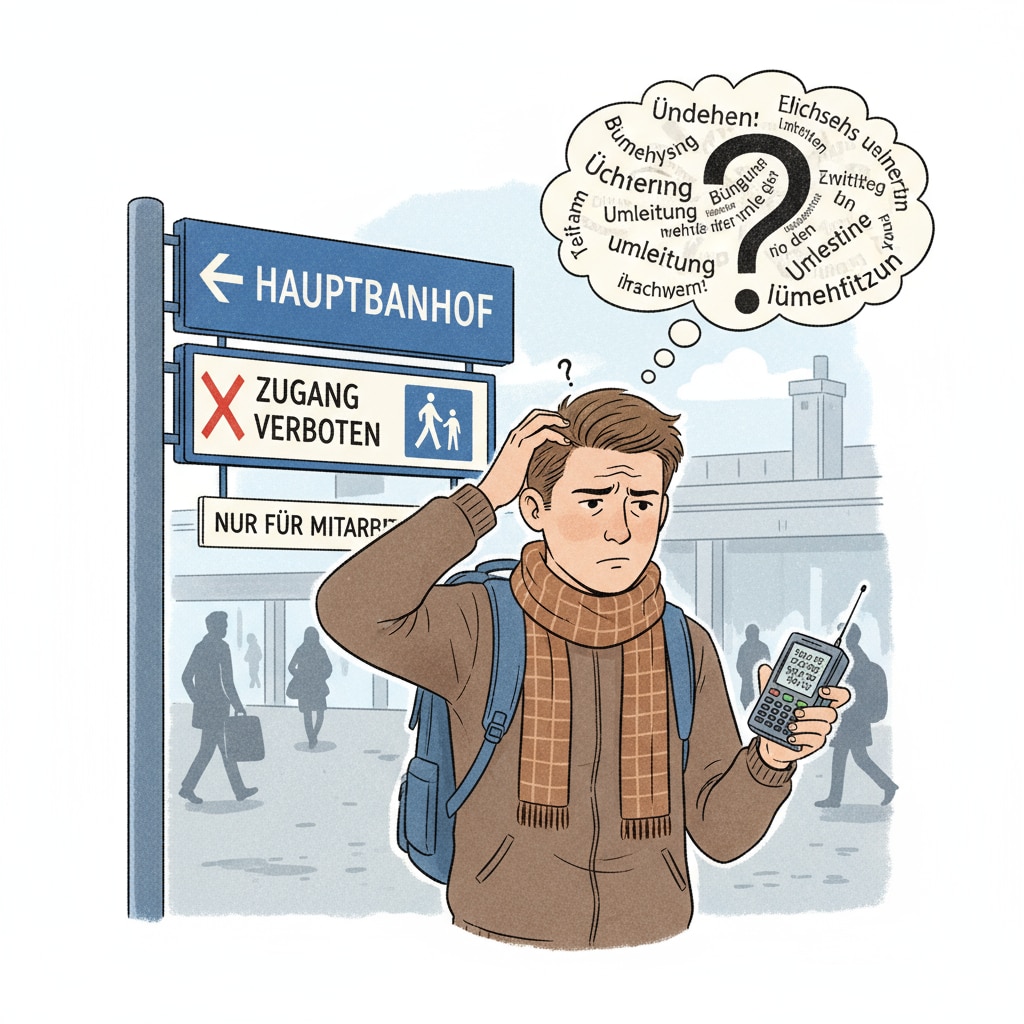 International student struggling with a German sign due to language barriers