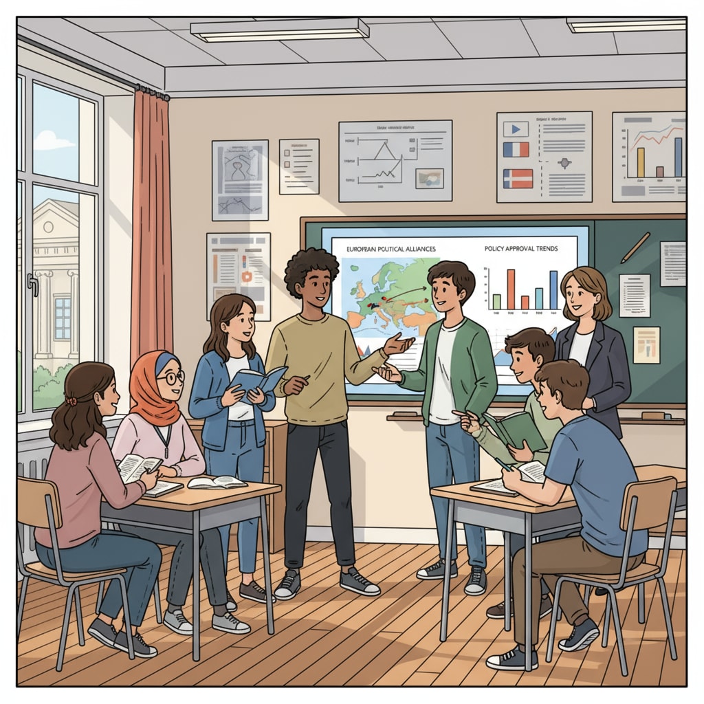 A classroom scene in a European school where students are discussing political issues, with an interactive whiteboard showing political maps and graphs. Classroom discussion on political science in a European K12 school
