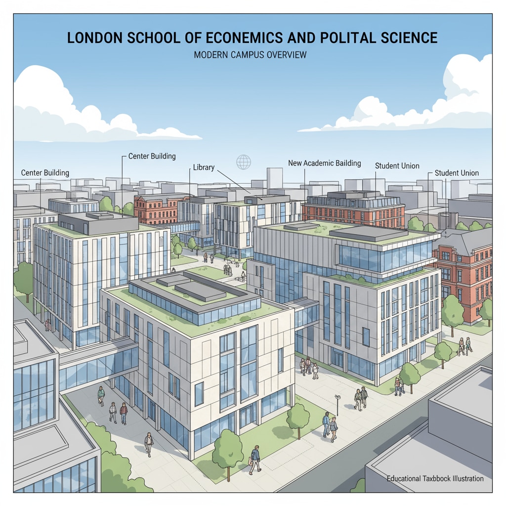 A view of the campus of the London School of Economics and Political Science, with modern buildings and students walking around. Campus of the London School of Economics and Political Science, a top institution for political science in Europe