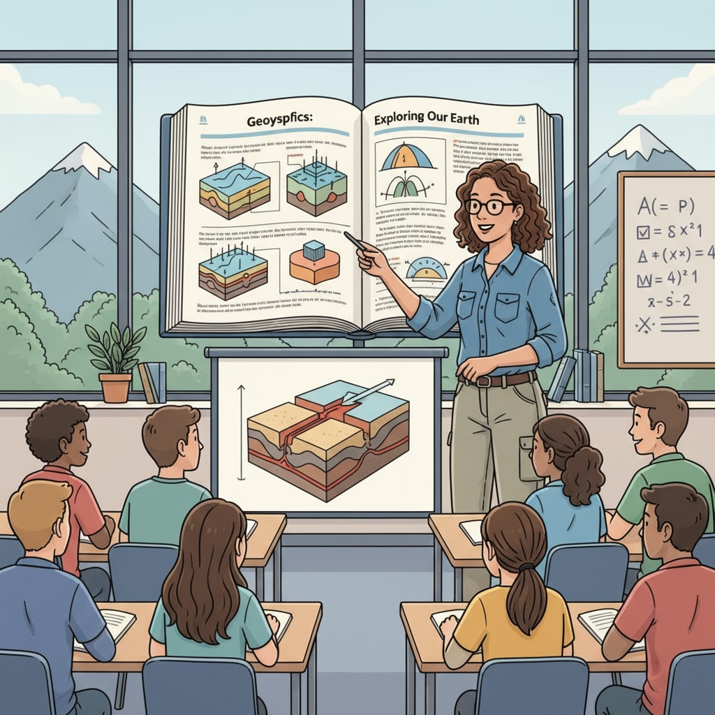 An illustration showing a geophysics professional looking at teaching materials Geophysics professional considering a career in K12 education