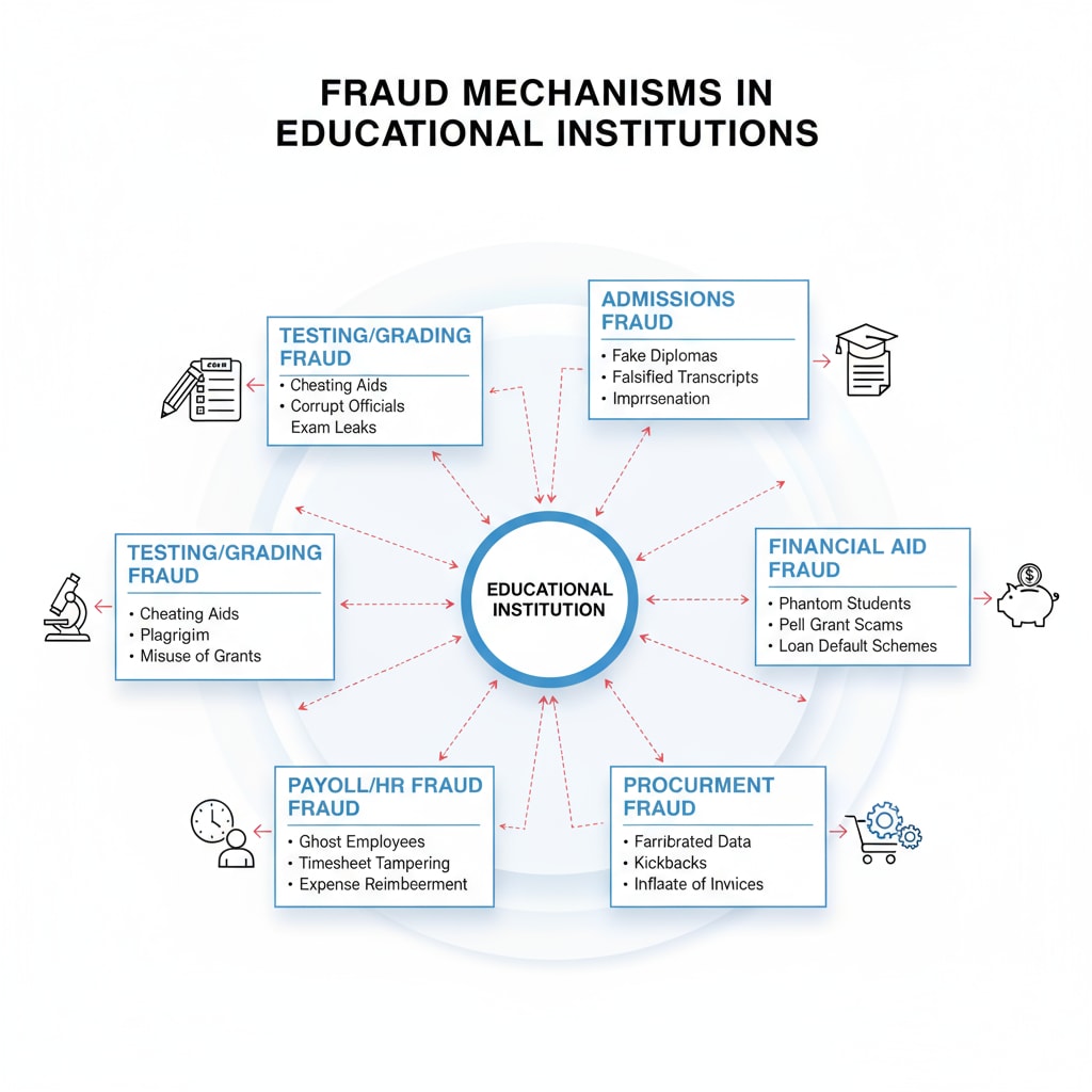 A diagram representing the possible fraud mechanisms in educational institutions. Diagram of fraud mechanisms related to Schiller International University education fraud