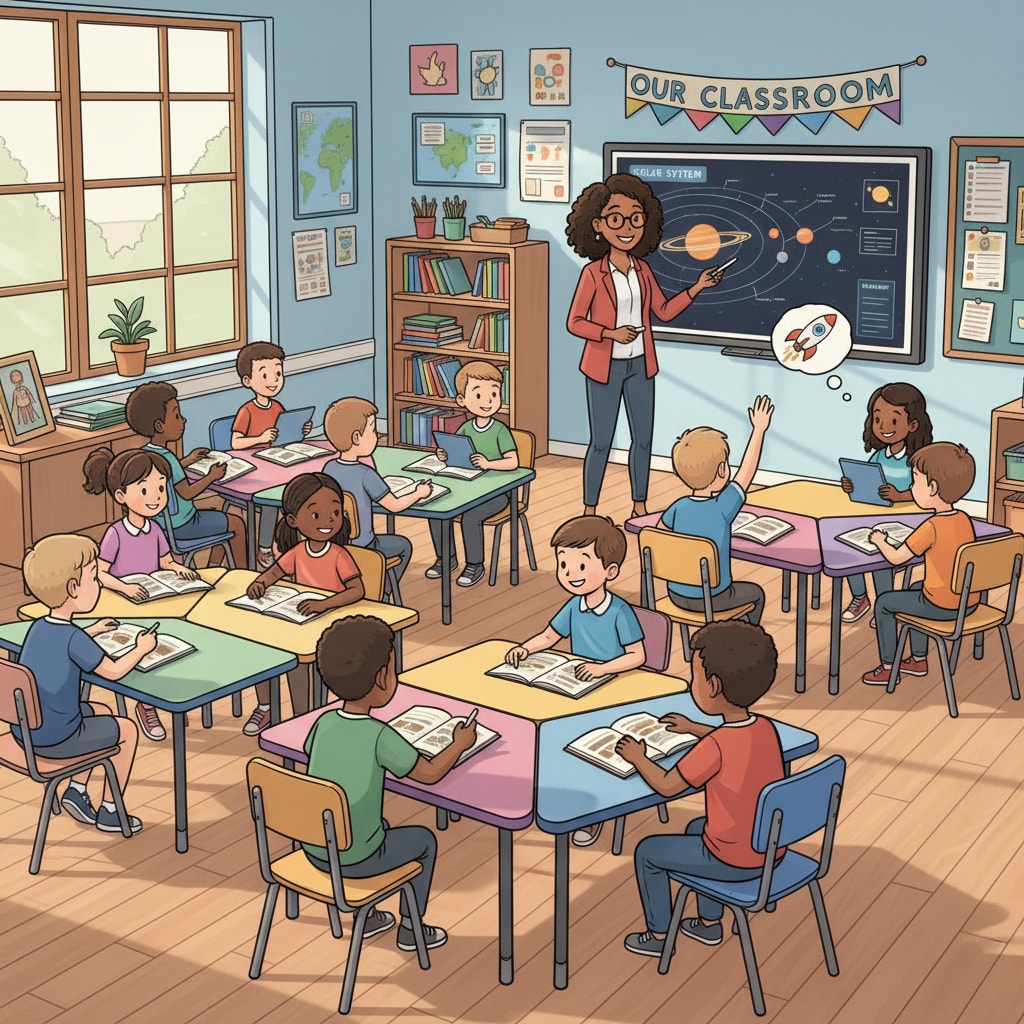 A classroom scene where students are actively engaged in learning from their teacher. A classroom setting depicting the inspiration teachers bring to students, as related to the teacher, podcast, and inspiration theme.